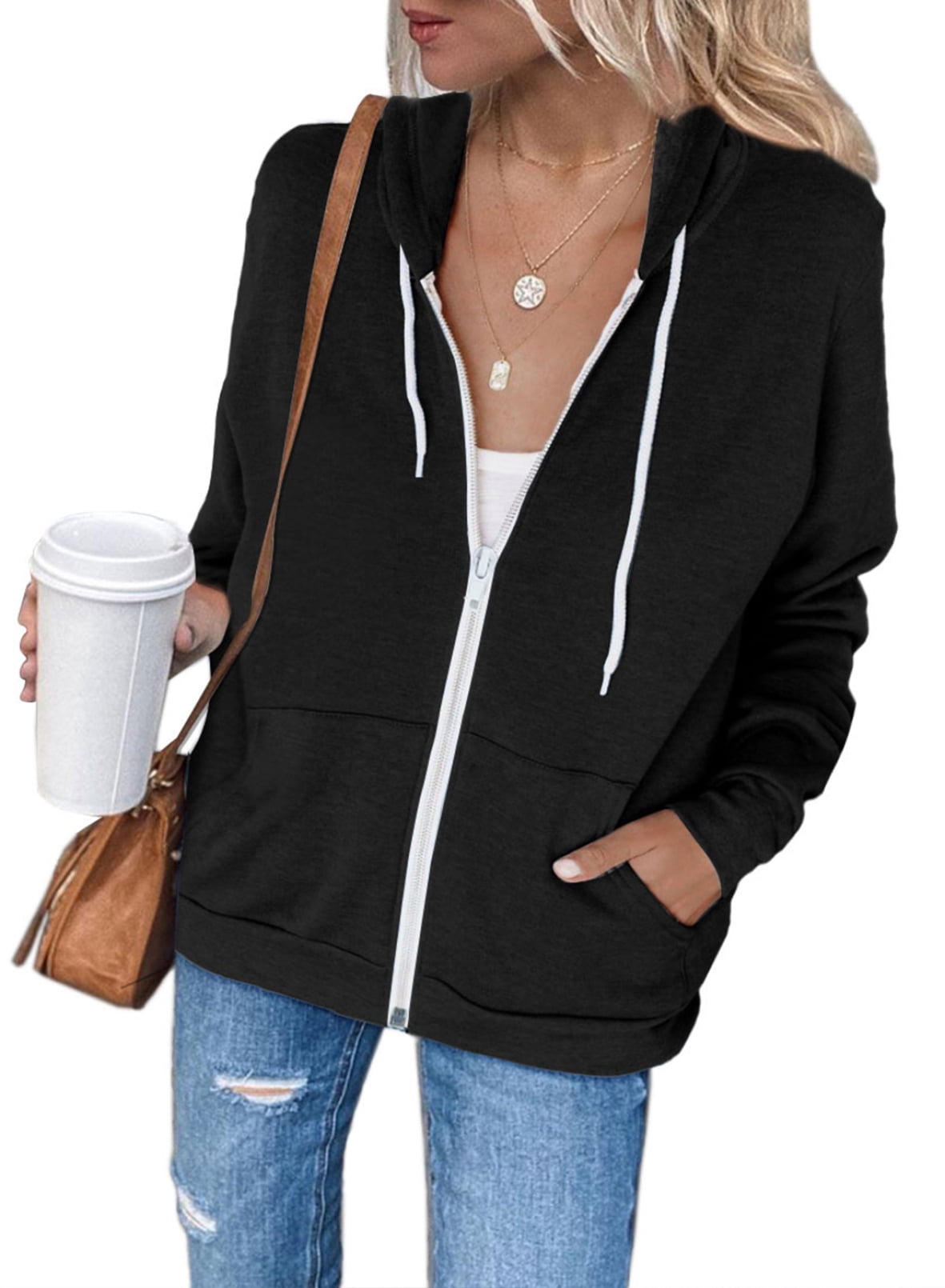 womens plain black zip up hoodie