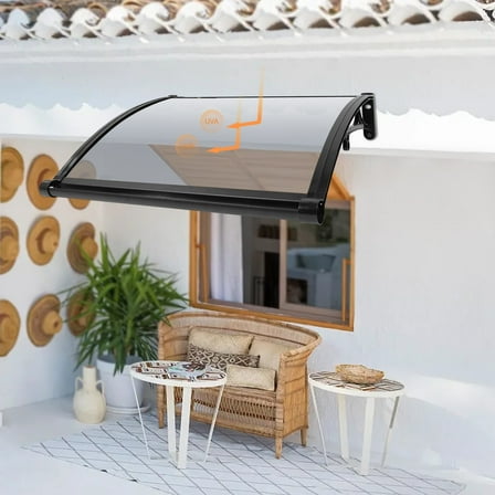 ToppiJoy 32*24inch Door Awning Exterior with Drainage, Window Polycarbonate Awning with Aluminum Bracket, Patio Front Door Canopy Awning for Sun Rain Snow Protection (Smoke Grey and Black)