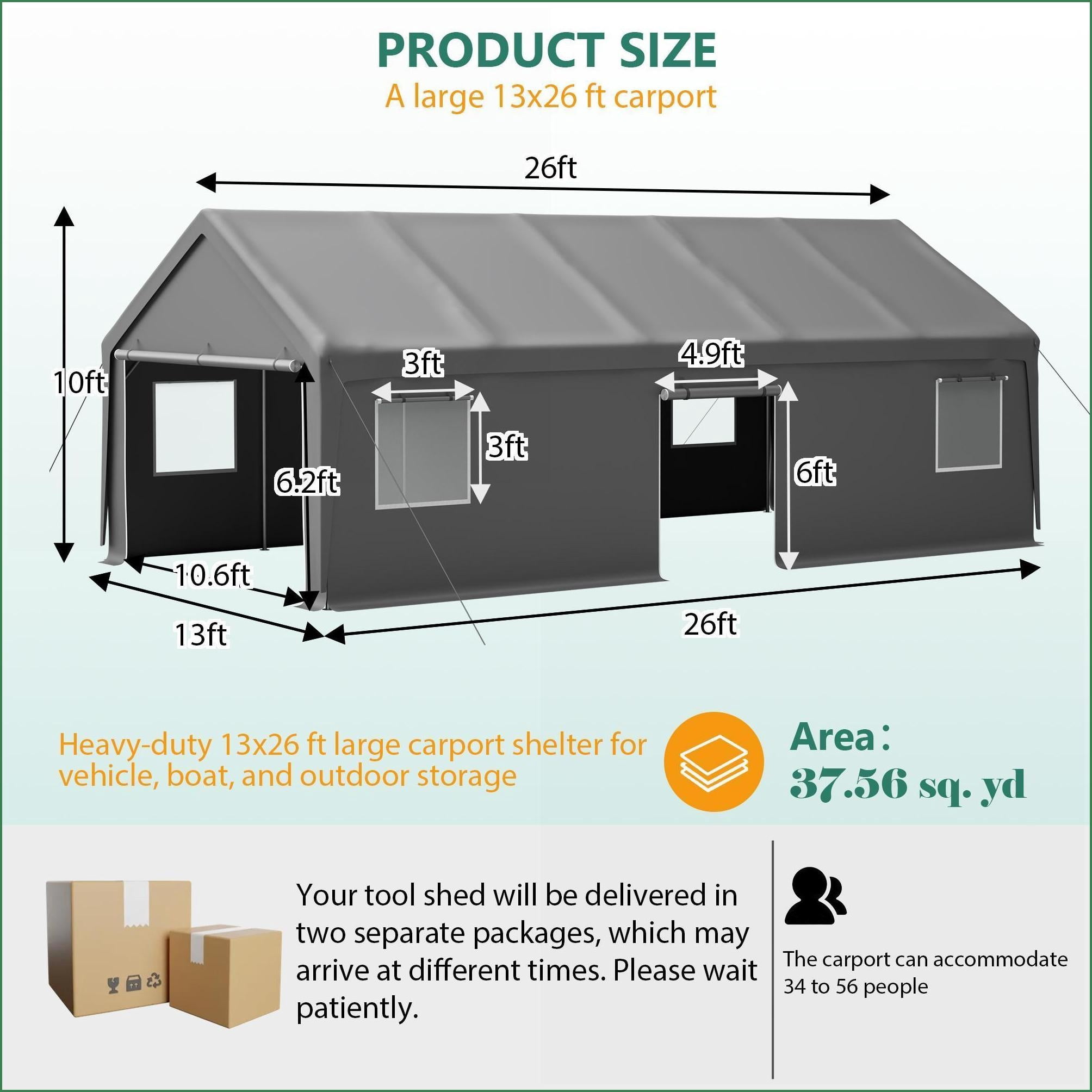 Carports 13x26 FT Heavy Duty All-Weather Portable Shelter for Cars, Boats, Storage Outdoor Events | Gray | Steel