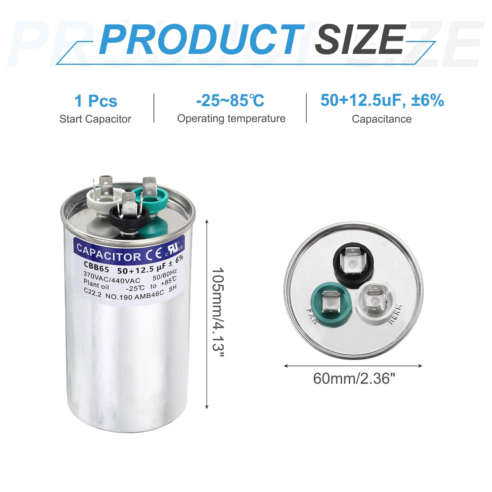 Uxcell 50+12.5MFD CBB65 Run Start Capacitor 50+12.5uF, 370/440V Round AC Capacitor for AC Motor Run, HVAC, Air Conditioner, Condenser Motors