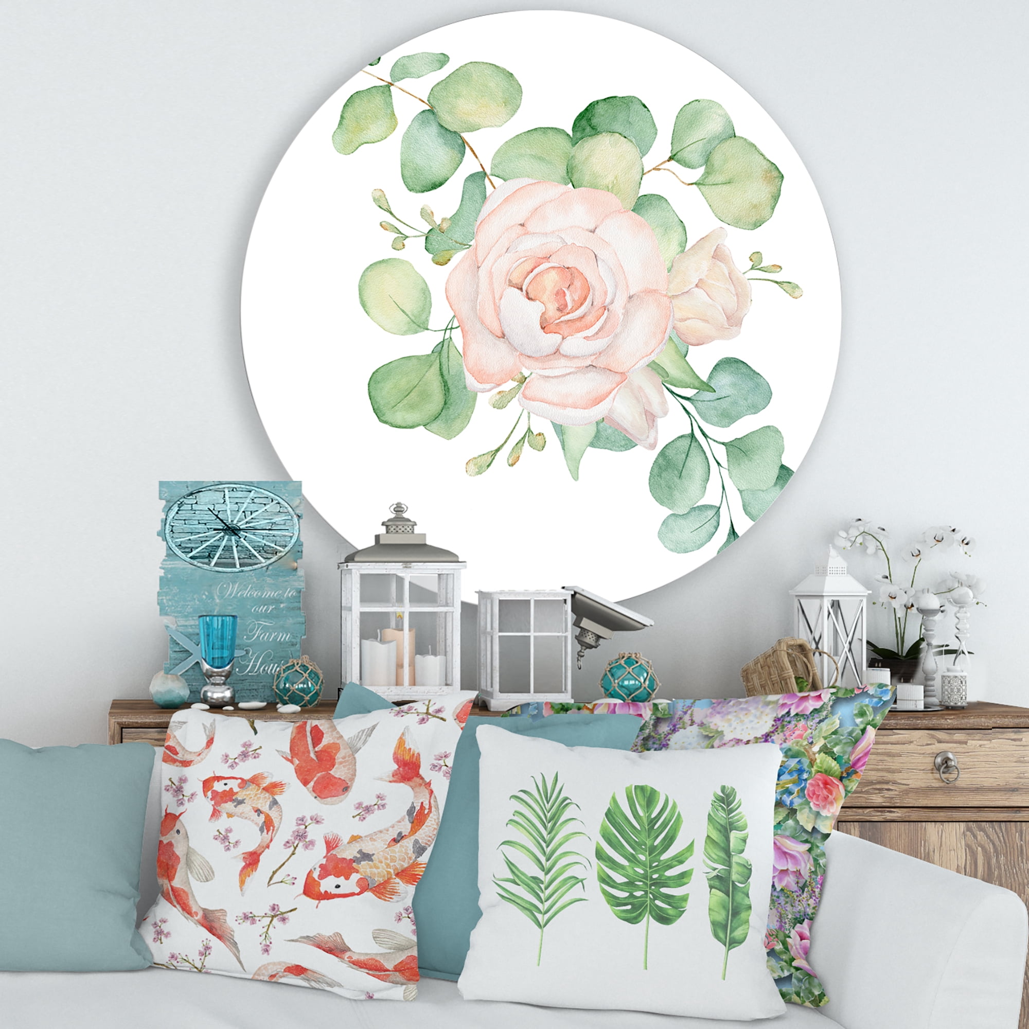 Designart 'Bouquet of Pink Roses Flowers and Eucalyptus Leaves' Traditional Circle Metal Wall Art 29x29 - Disc of 29