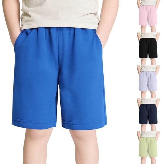 HAOTAGS Boys Girls Loose-Fit 5" Shorts (2-15), Summer Gym School Casual Lightweight Breathable Cotton-Blend Knee-Length Shorts Blue 5-6 Years