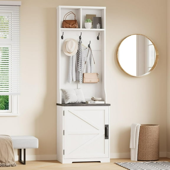 Farmhouse Hall Tree, 4-in-1 Coat Rack with Shoe Storage Bench, Entryway Coat Rack with 5 Hooks, 2 Cubbies & 1 Barn Door Cabinet for Entryway