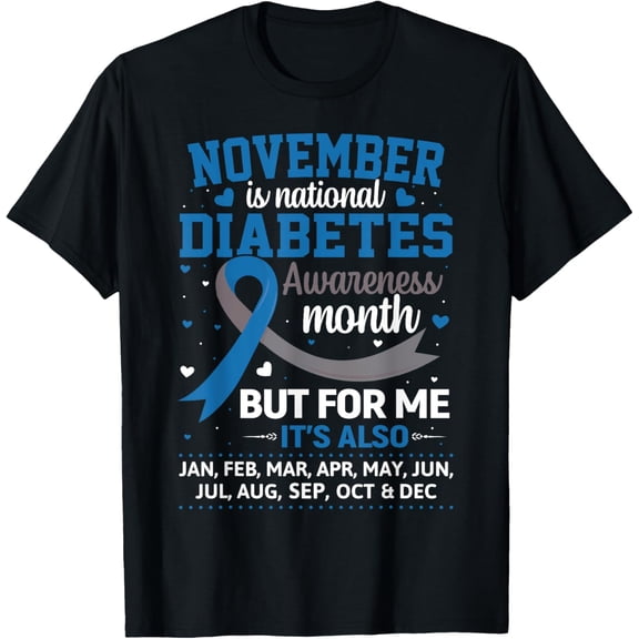 November is Diabetes Awareness Month Blue and Gray Ribbon T-ShirtMen's and women's gift, black and white T-shirt, size: Extra large S-4XL