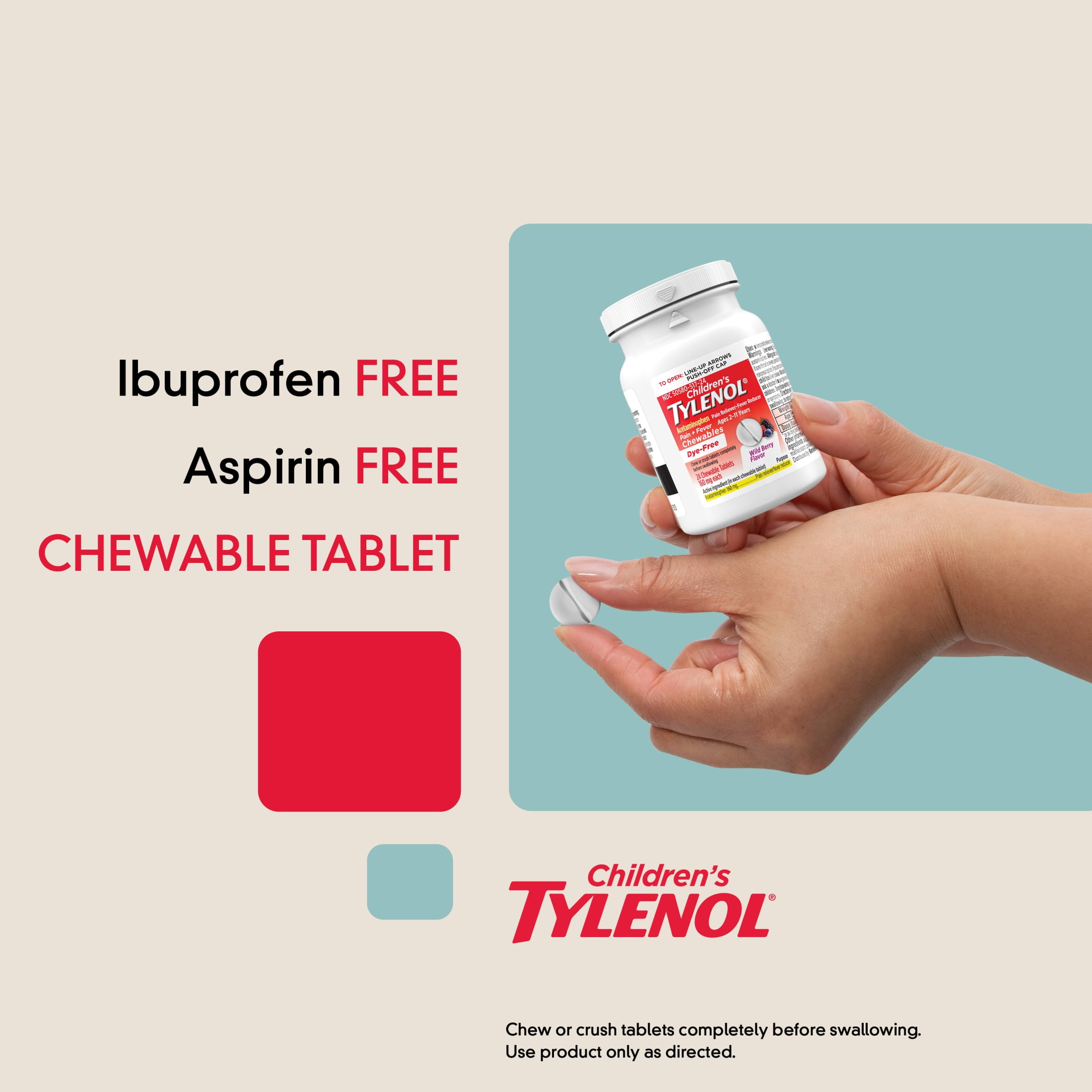 (2 pack) Children's Tylenol Dye-Free Chewable Acetaminophen, Wild Berry, 24 Count