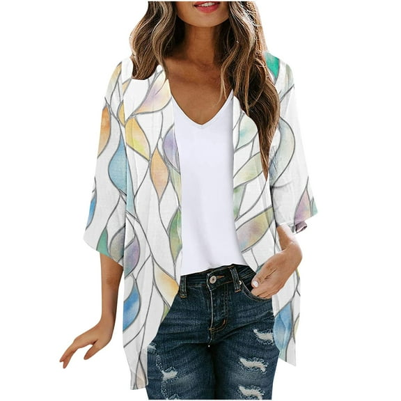 Wyobmus Women's Lightweight Floral Cardigan 3/4 Long Sleeve Open Front Loose Cover Up Casual Draped Blouse Tops White