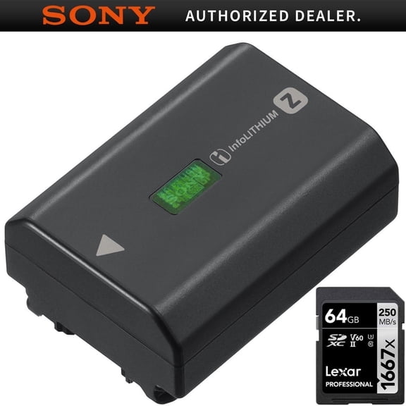 Sony NPFZ100 Z-series Rechargeable Battery Pack for Sony a9 a7R III a7III with Lexar Professional 1667x 64GB SDXC UHS-II Memory Card, 250MB/s Read, 120MB/s Write