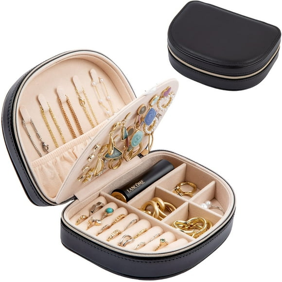 ProCase Joyero tamaño viaje, pequeño joyero portátil en forma de concha, mini organizador de joyas de 2 capas en cuero PU para mujer -Negro