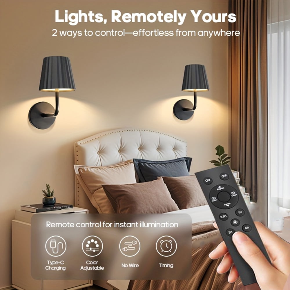 Jercoda 2 Pack Wireless Wall Sconces with Remote Control, 2000mAh Rechargeable Arm Wall Lights with Touch Control, Black Metal Wall Lamps for Bedroom Living Room, Set of 2
