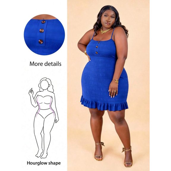 Royal Blue Plus Size Spaghetti Strap Front Button Casual Mini Dress For Hourglass Shape