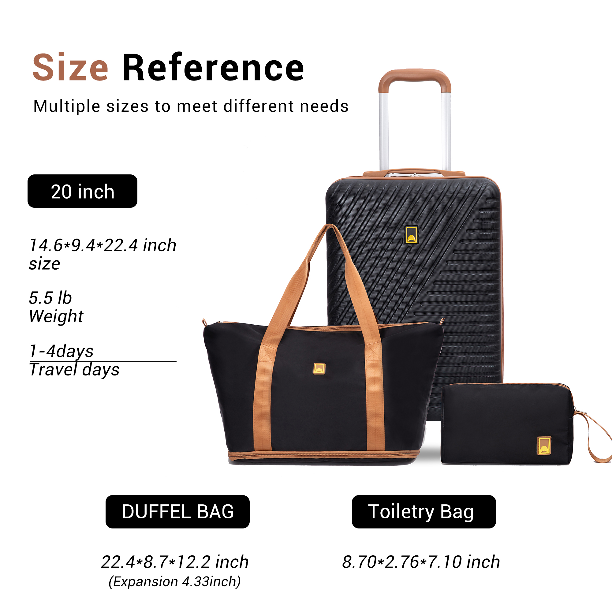 Nicetravel 3-Piece Hardside Luggage Set with Carry-On, Black photo 4