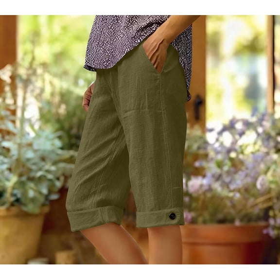 Oksale Cotton Linen Shorts for Women with Pockets Casual Comfortable Bermuda Shorts 2026 Knee Length Button Crimped Summer Shorts Green S