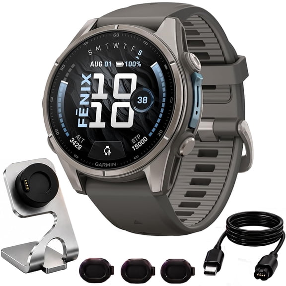 Garmin fenix 9 43 mm Titanium w/ Pebble Gray Silicone Band Essential Bundle