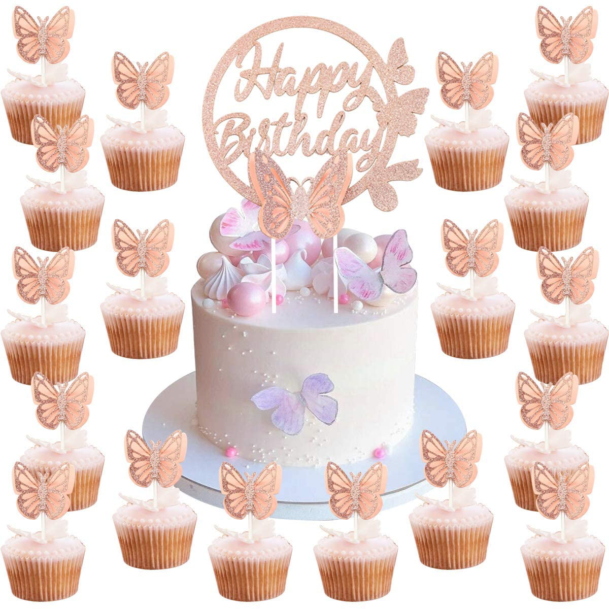 25Pcs Rose Gold Butterfly Happy Birthday Cake Topper Butterfly ...