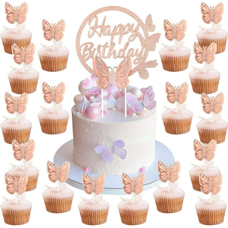 25Pcs Butterfly Cake Toppers Happy Birthday Cake Topper Gold 3D Butterfly  Cupcake Topper for Girls Women's Happy Birthday Cake Topper Birthday Cake