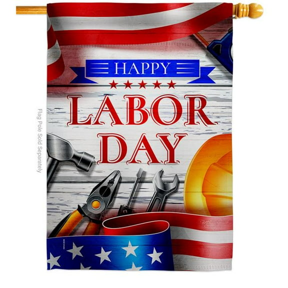 Breeze Decor  28 x 40 in. Happy Labor Day American Star & Stripes Vertical House Flag with Double-Sided Decorative Banner Garden Yard Gift