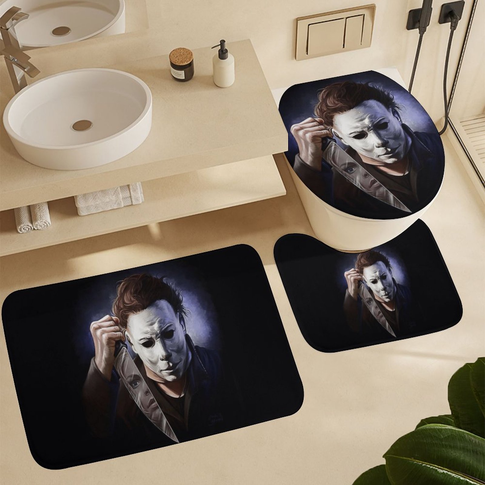 Halloween Badezimmer-Set – Duschvorhang, Matte, WC-Bezug, 4-teilig, 180x180 Cm