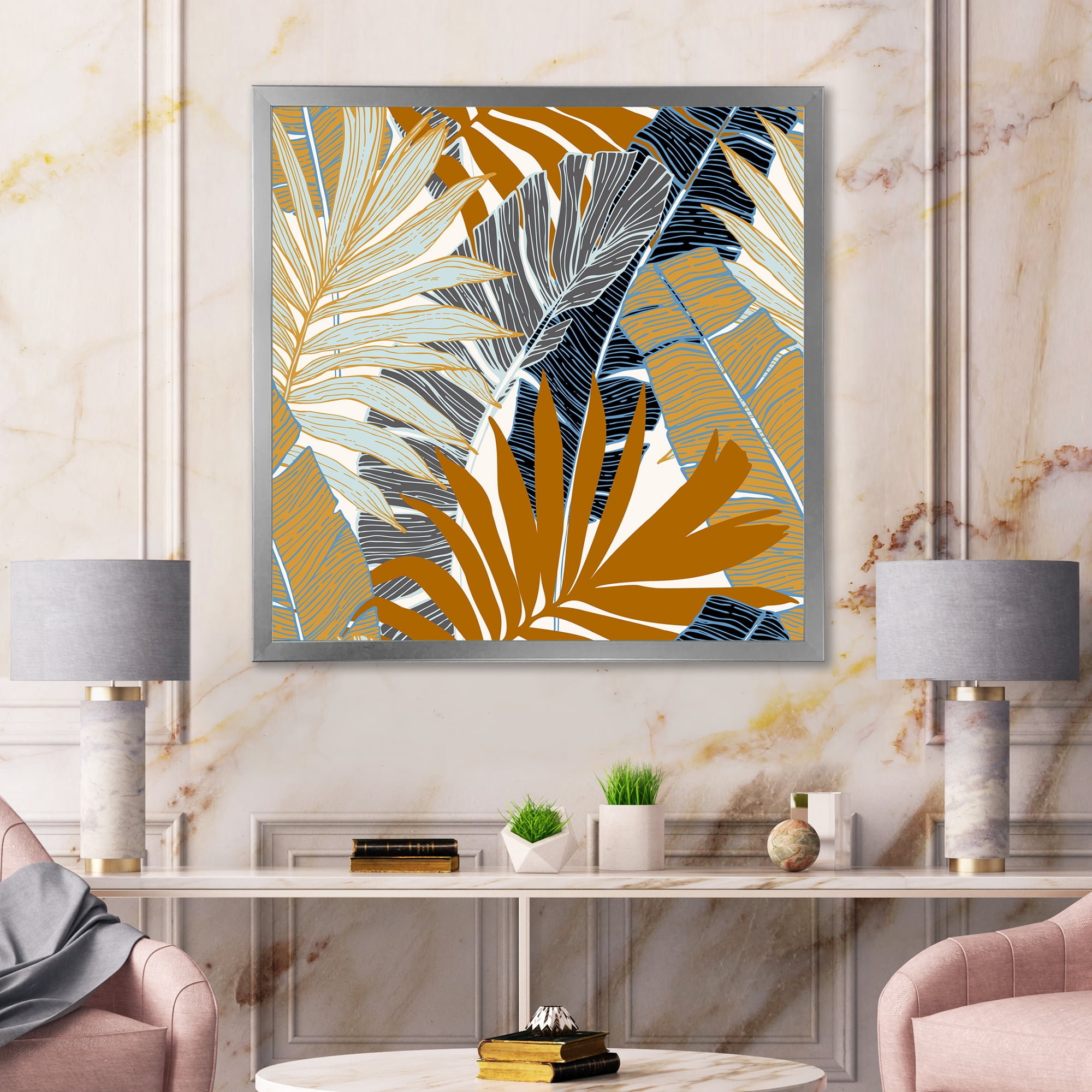Designart 'Abstract Tropical Summer Banana Leaves and Palm Tree' Modern Framed Art Print