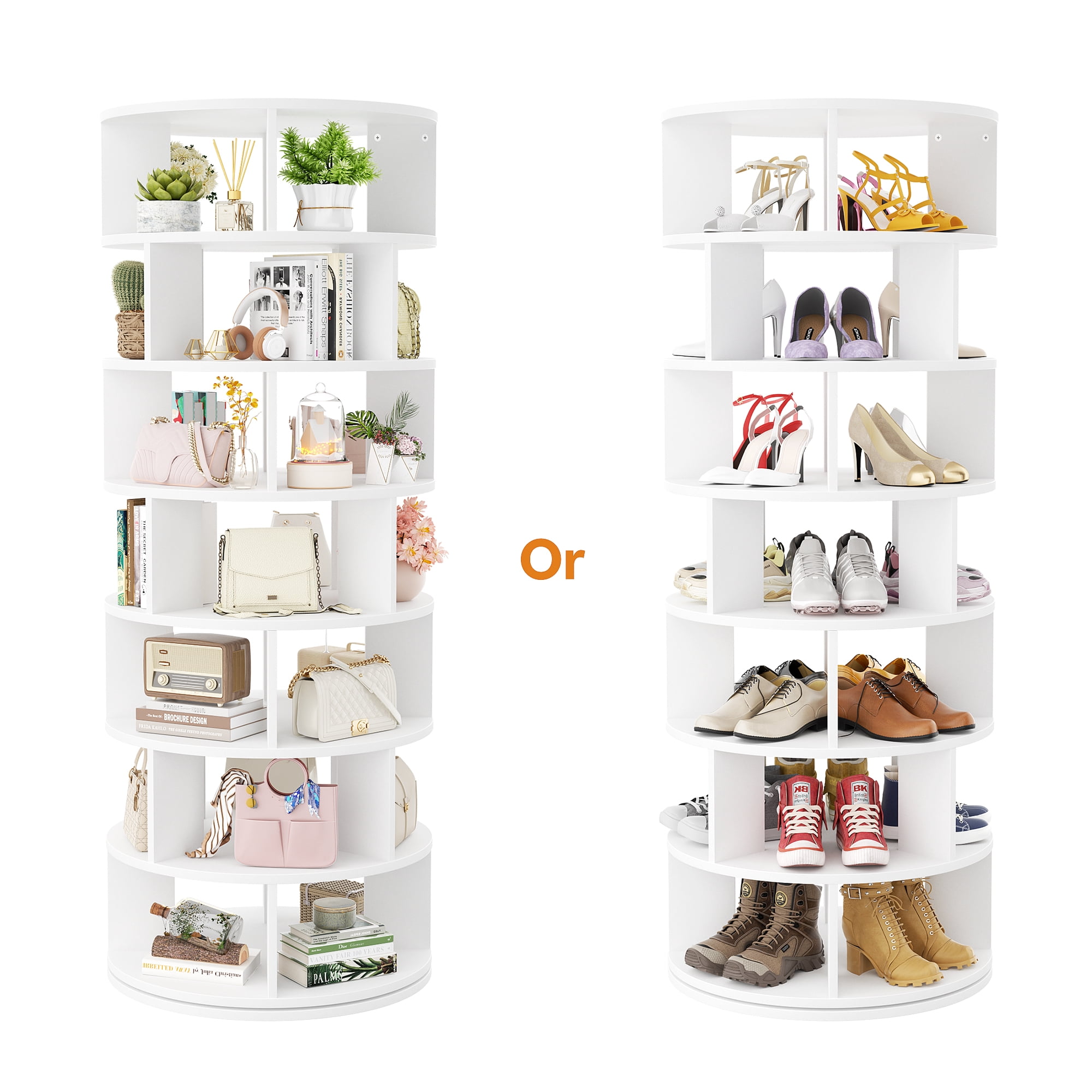 Homieasy 7-Tier Spinning Shoe Rack Tower, 360 Revolving wooden Shoe Rack, 60'' for shoes ,bags, Display Lazy Susan ,Storage Carousel,Free Standing Shoe Organizer for Entryway,White