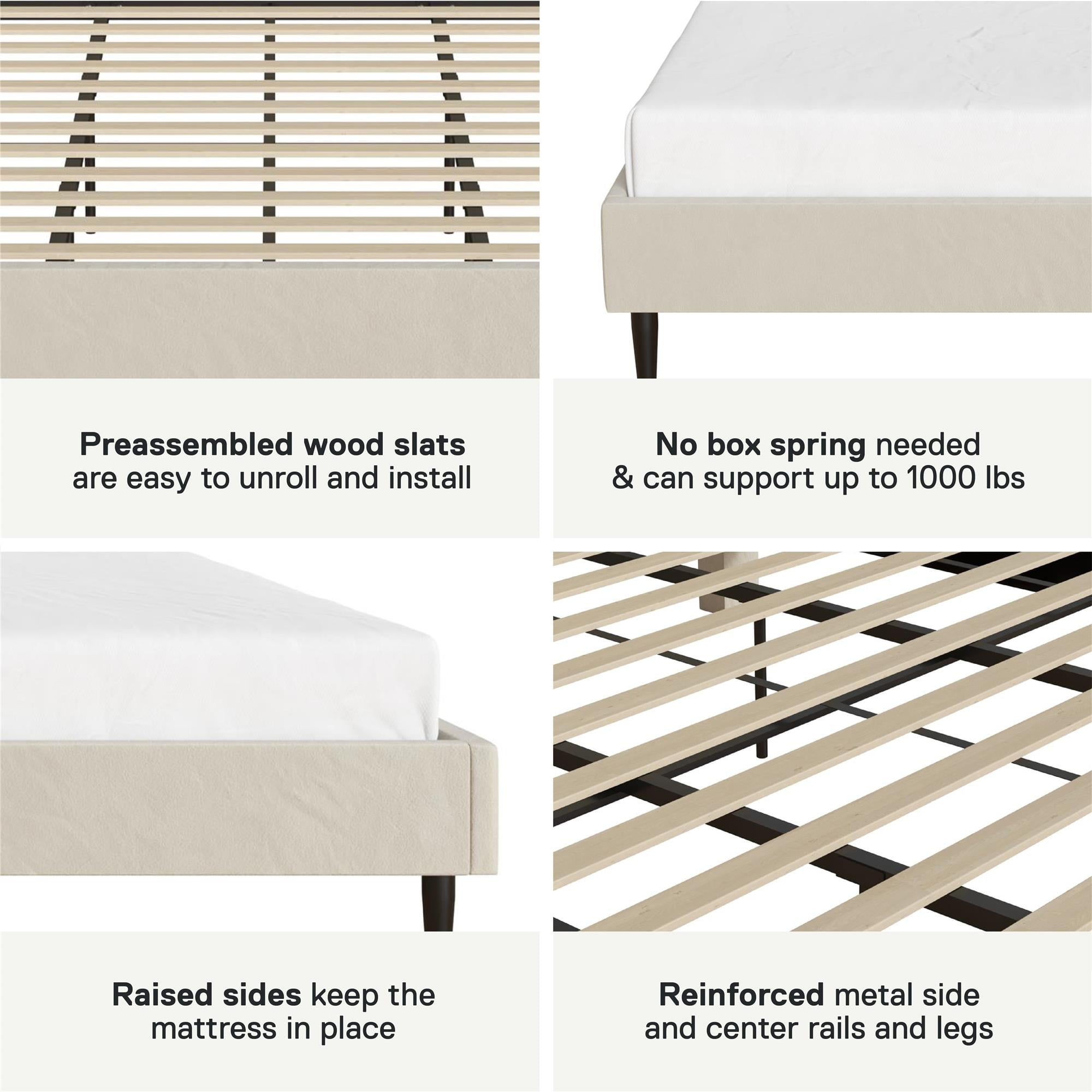 Mainstays Vera Upholstered Velvet Platform Bed, No Box Spring Required, King, Cream