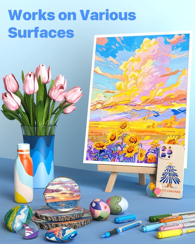 JusArt Acrylic Paint Markers Brush Tip 24 Colors, Water-Based No-Bleed Markers with Automatic Ink Control, Waterproof Acrylic Paint Pens for Eggs, Fabric, Rock, Glass, Ceramic, Metal