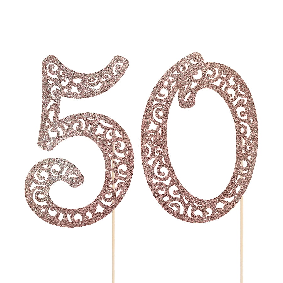 50 Cake Topper 50th Birthday Theme Glitter Rose Gold - Walmart.com ...