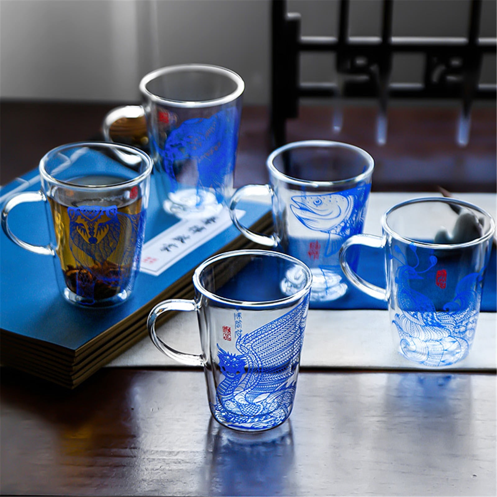 Double Wall Glass Coffee Mugs Ancient Chinese Totem Printing, Clear Espresso Cups with Handle, 280ML