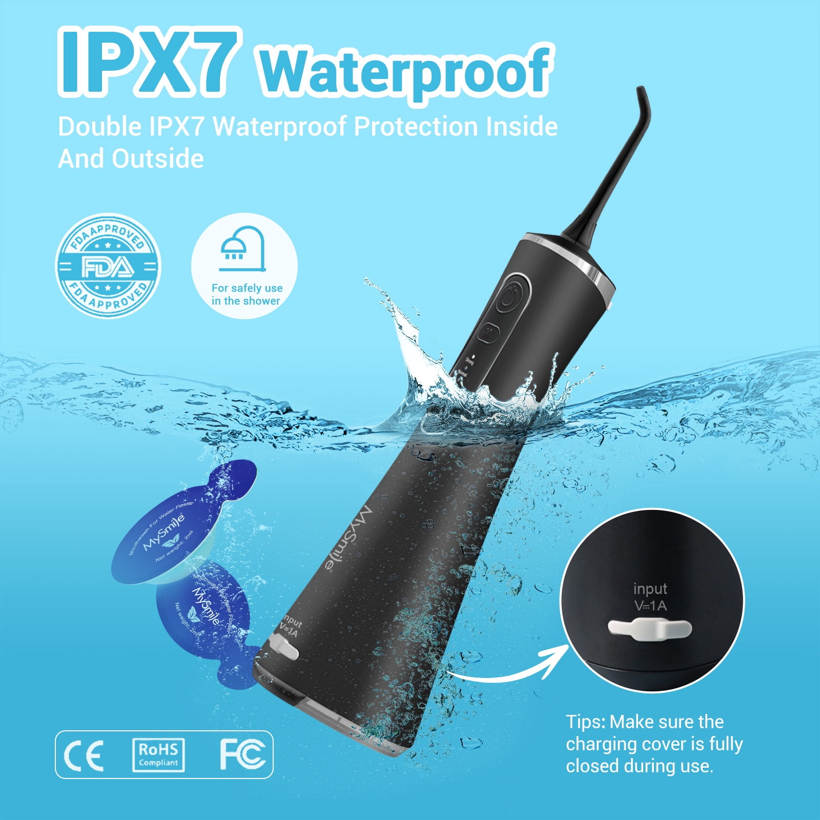 MySmile LP211 Portable Water Flosser Cordless for Teeth & 30pcs Mouthwash Combo, Power Water Dental Flosser Electric Picks, Rechargeable Oral Irrigator, Waterproof, 5 Modes, 8 Tips, Travel Bag, Black