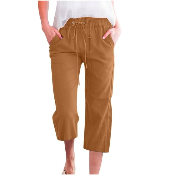 Womens Cotton Linen Pants Summer Casual Capris 2026 Drawstring Elastic Wasit Cropped Pants Plus Size Wide Lounge Pants