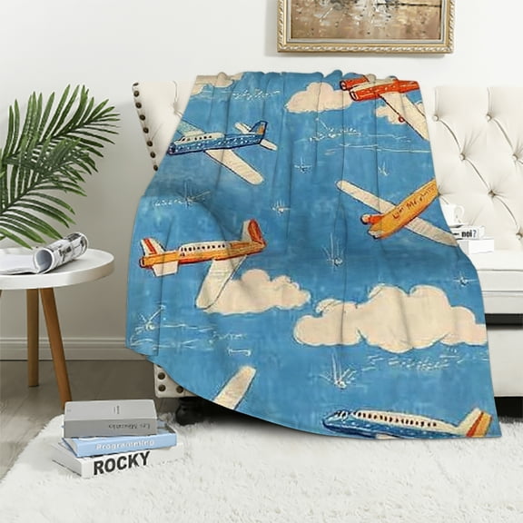 Autua Vintage Airplane Flannel Blanket - Playful Aviation Colorful Planes on Blue Sky Throw - Lightweight Soft Cozy Gifts Blankets for Kids & Plane Lovers,Modern Home Room Whimsical Decor 40x50in