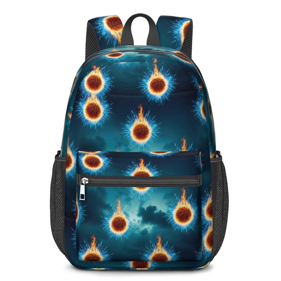 Basketball and Fire Teal Pattern 17" School Backpacks for Teens,Waterproof Oxford Fabric,S-Shape Padded Straps for School,Travel,Hiking,Camping