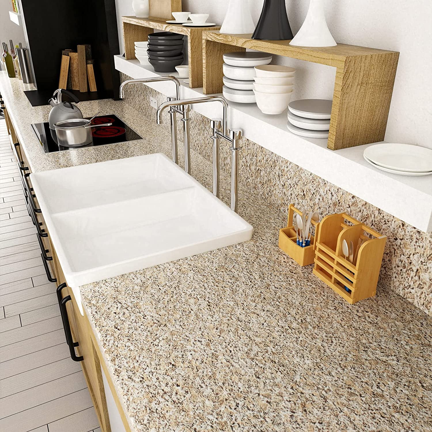 VEELIKE 15.7''x354'' Granite Contact Paper for Countertops Waterproof Beige Granite Stone Wallpaper Peel and Stick Self Adhesive Vinyl Film Removable Wall Paper for Kitchen Counters Counters