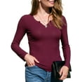 thumbnail image 3 of Doublju Women's Placket Neck Long Sleeve Ribbed Top (Plus Size Available), 3 of 4