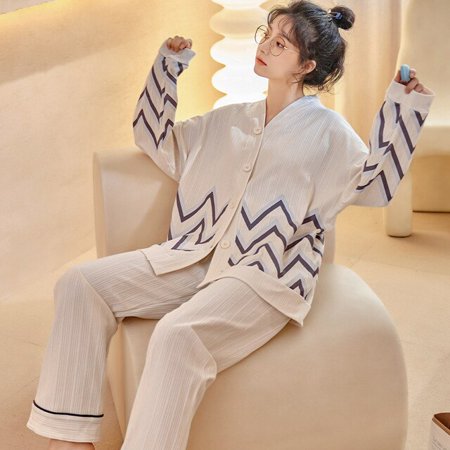 

CoCopeaunt New Pajamas Women Spring Summer Cotton Long Sleeve Long Pants V-neck Cardigan Fashion Simple Homewear Womens Set Summer