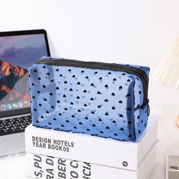 Bolsa de maquillaje de malla con forma de corazón para niñas, portátil, de gran capacidad, transpirable, para guardar pintalabios