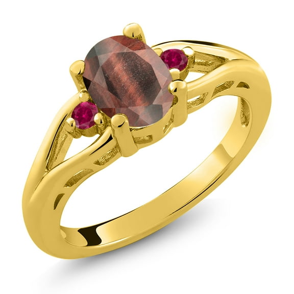 Gem Stone King 18K Yellow Gold Plated Silver Red Tiger Eye and Red Created Ruby 3 Stone Engagement Ring for Women | 1.35 Cttw | Oval 8X6MM | Round 2MM | Gemstone Birthstone | Size 8