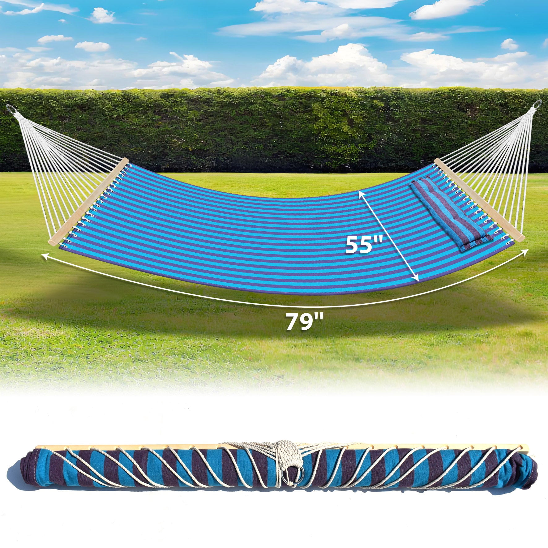 SUNNYOUTDOOR 79''x55'' Quilted Fabric Hammock with Pillow Heavy Duty Double Hammock with Spreader Bar, Quilted Hammocks for Outside Hammock for Outdoor Garden Balcony, 330 Pound Capacity