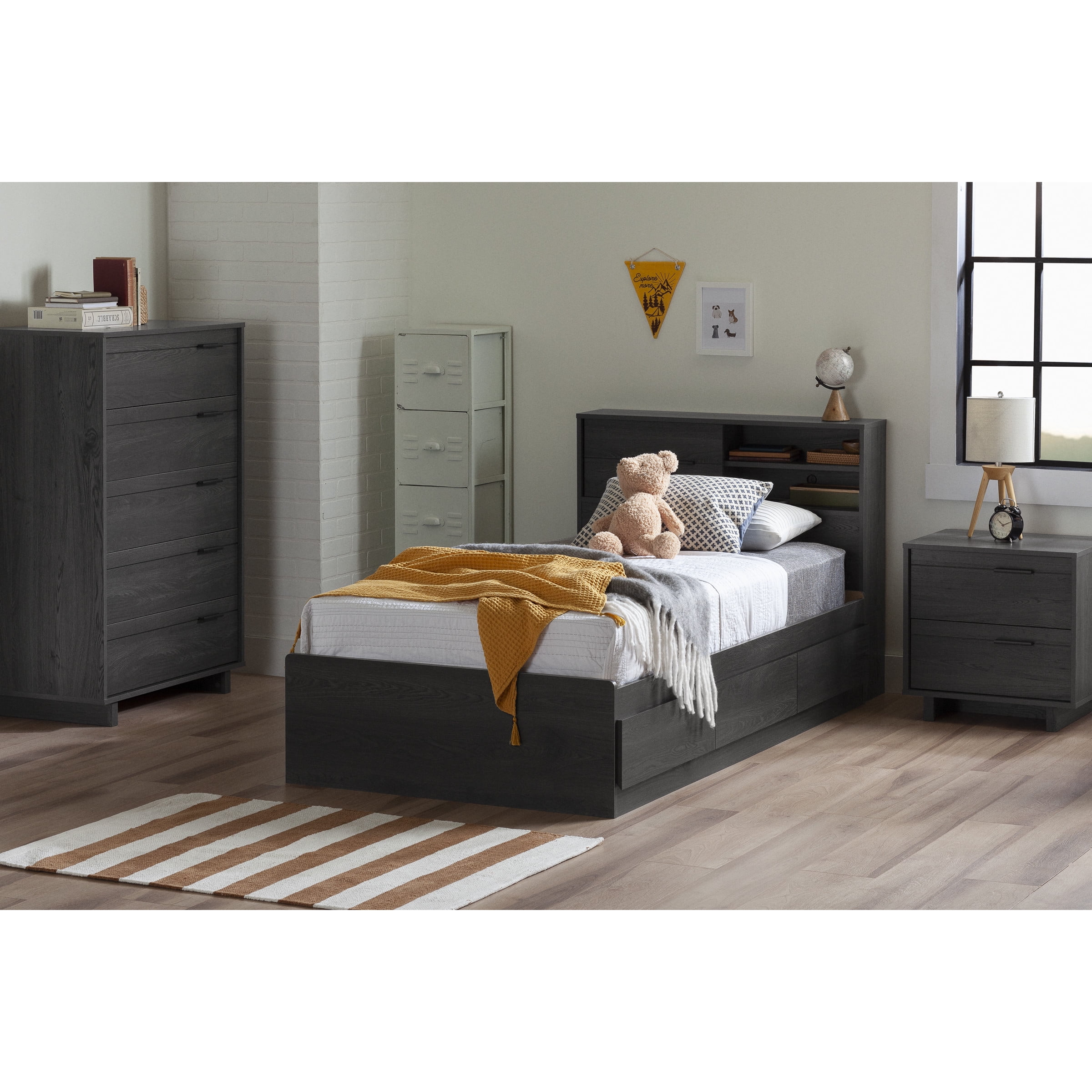 South Shore Fynn Twin Mates Bed with 3 Drawers, Gray Oak