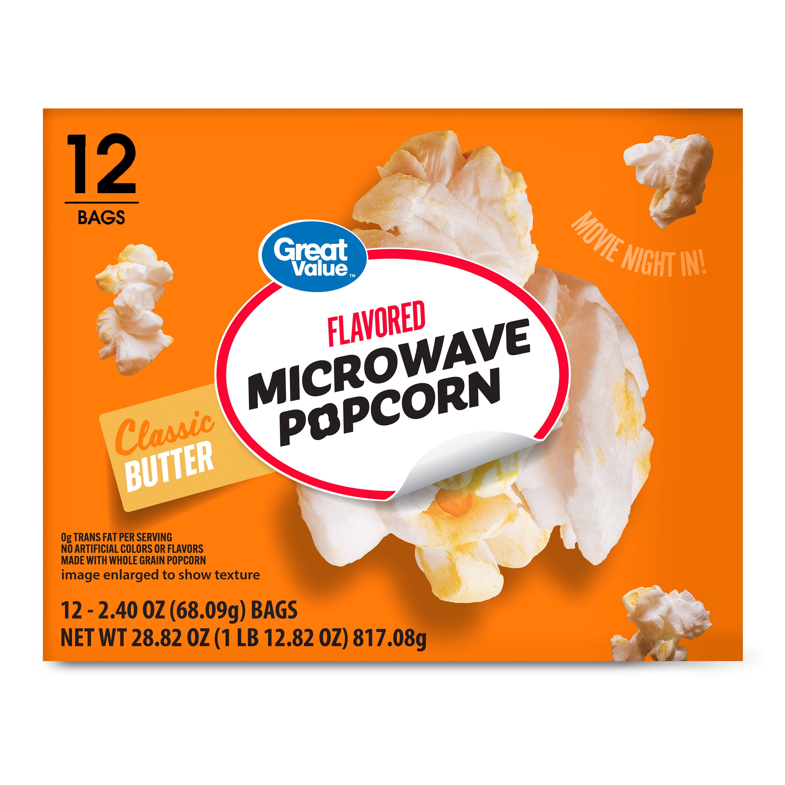 Great Value Classic Butter Flavored Microwave Popcorn, 2.4 oz, 12 Count