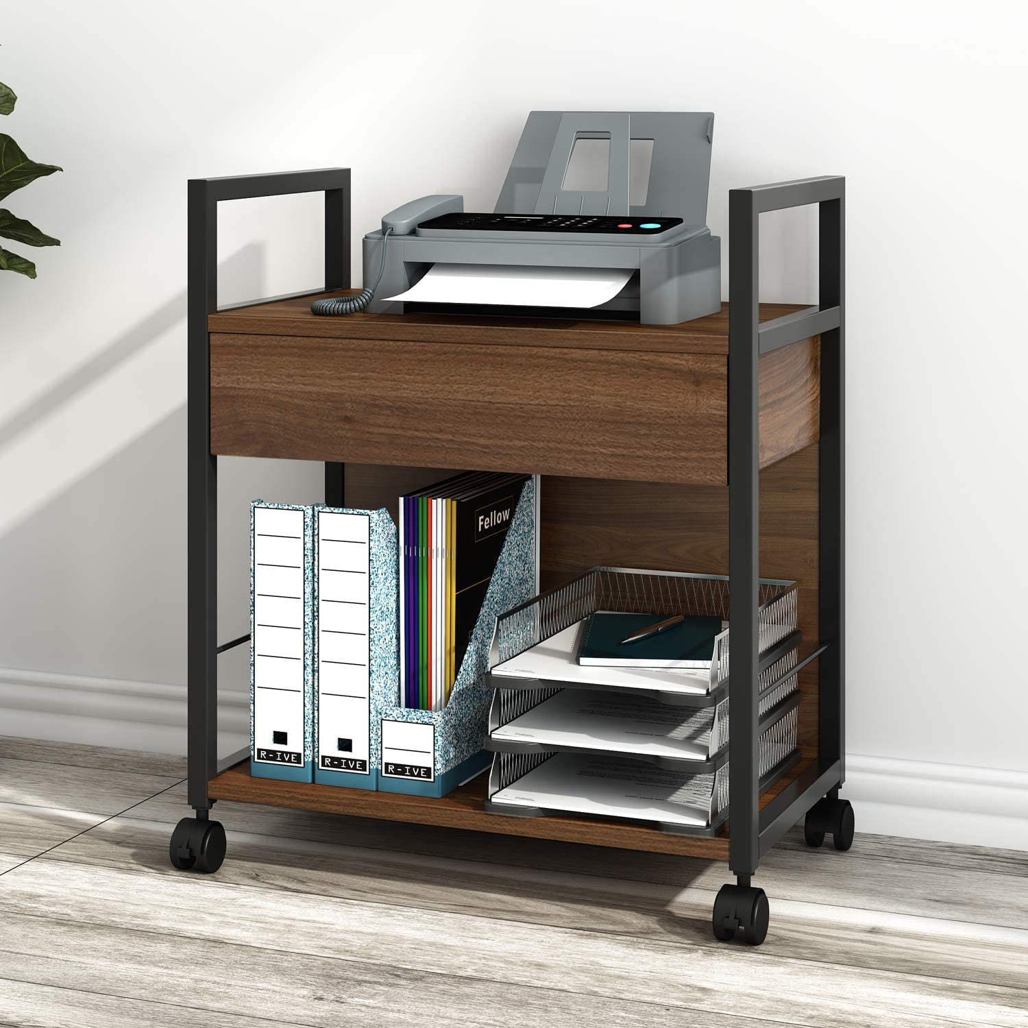 Devaise Mobile Printer Stand With, Wooden Printer Stand With Drawers