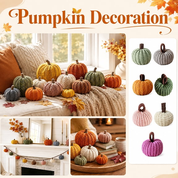 Mskk Halloween Woven Knitted Yarn Pumpkin Halloween Decoration, Multi Size Crochet Faux Pumpkin Door Hanger Prop, Soft Fabric Pumpkin for Front Porch Fall Tray Mantel Harvest Table Decor