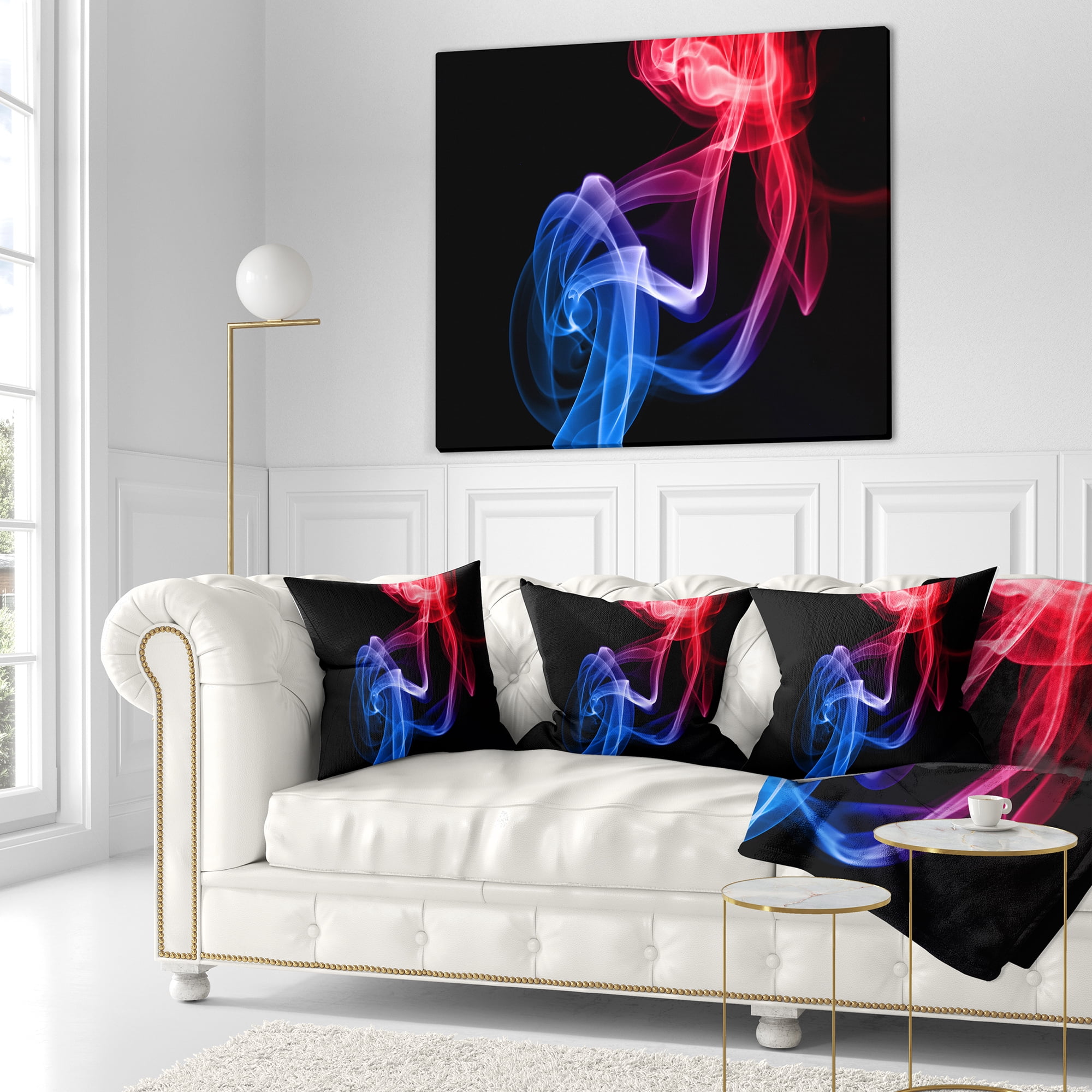 Designart Blue Red Floating Smoke on Black - Abstract Throw Pillow - 16x16