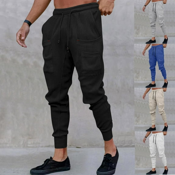 safuny Men's Jogger Cargo Sweatpants Outdoors Athletic Outwear Work Dungarees Activewear Holiday Solid Color Pocket Elastic Waist Drawstring Trendy Trousers Casual Black L