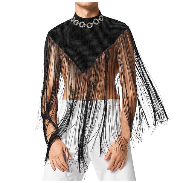 Men's Spring And Summer Casual Solid Color Stitching Irregular Sleeveless Cape Sexy High Neck Tassel Vest Men's VestS