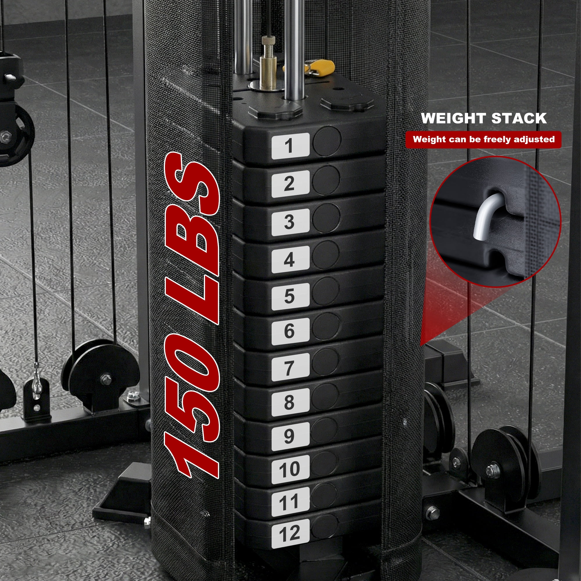gymusclo Multifunction Home Gym Equipment Workout Station, Smith Machine with 150LBS Weight Stack, Cable Crossover, Leg Press, LAT Station, Heavy Duty Functional Trainer for Full Body Training