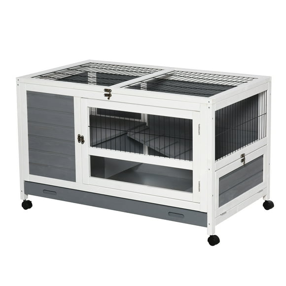 PawHut Wooden Rabbit Hutch Pet House Elevated Bunny Cage Small Animal Habitat with Slide-out Tray Lockable Door Openable Top for Indoor 40.25" x 23.5" x 25" Grey