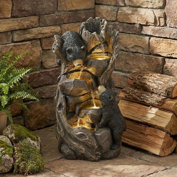EPICOZY 23" H 5-Tier Outdoor Water Fountain, Realistic Black Bears Climbing Tree Waterfall Fountains with 4 LED Lights & Adjustable Flow, Resin Garden Water Feature for Farmhouse Patio Yard Deck