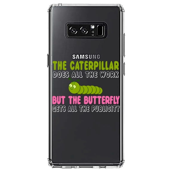 DistinctInk Clear Shockproof Hybrid Case for Samsung Galaxy Note 8 - TPU Bumper Acrylic Back Tempered Glass Screen Protector - Caterpillar Does Work, Butterfly Publicity