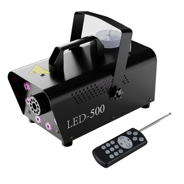 yeacher Remote-Controlled LED Smoke Machine with Timer and Color Selection for Parties, Halloween, Christmas - Black, 500W, 90-130V, Plastic & Metal Handle