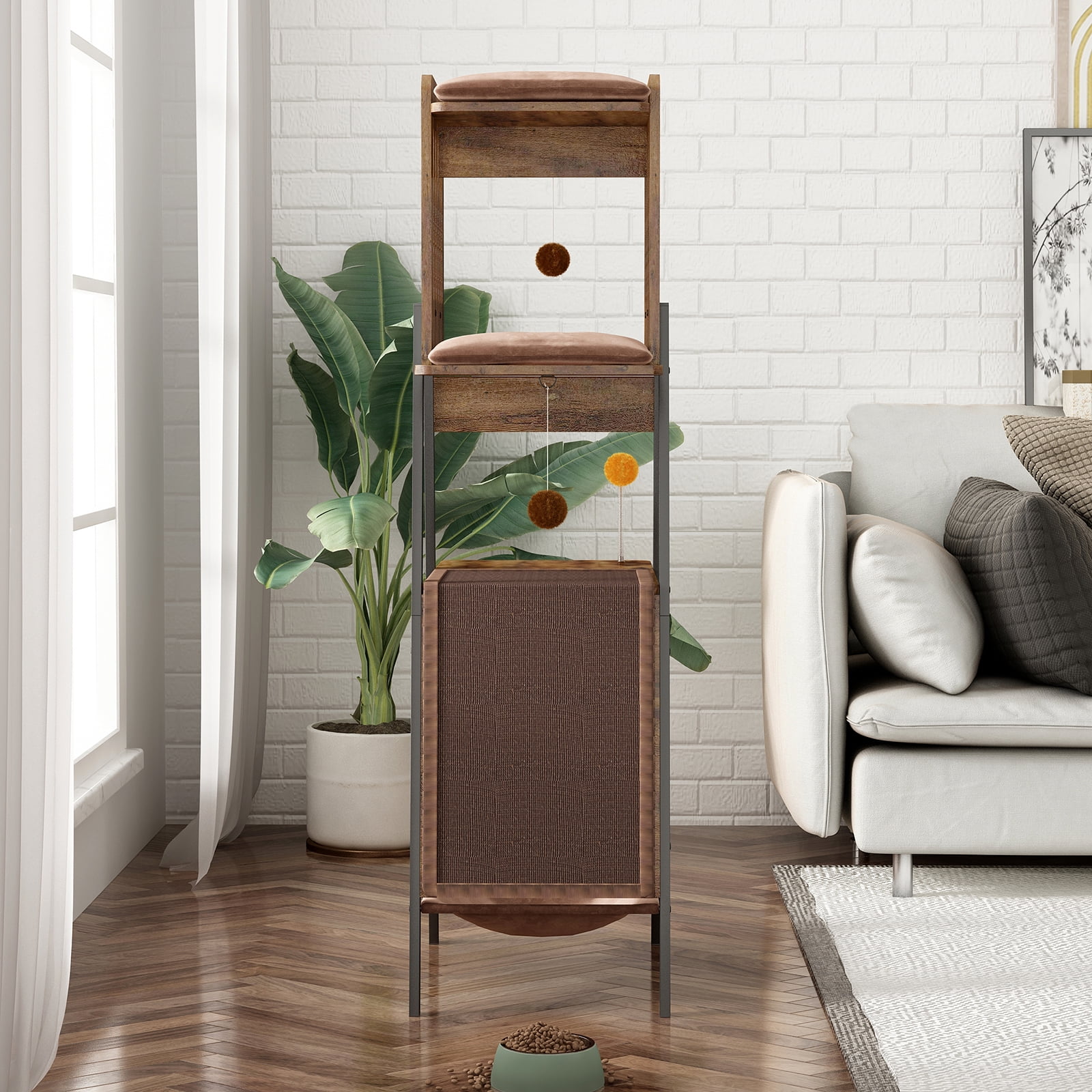 Modern Cat Tree, 58-Inch Cat Tower for Large Cats, Maine Coon Cat Tree with Scratching Board, Large Perch, Hammock and Removable Pads, Rustic Brown